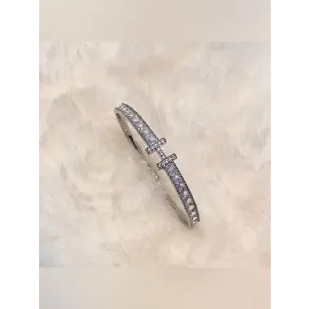Silver Stainless Steel CZ Bangle Bracelet - Sparkling H Dainty - Picture 2 of 5